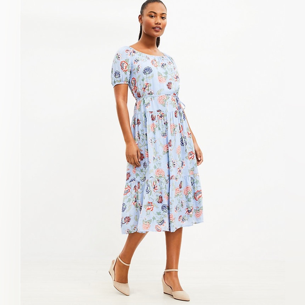 Loft Floral Tie Waist Tiered Midi Dress